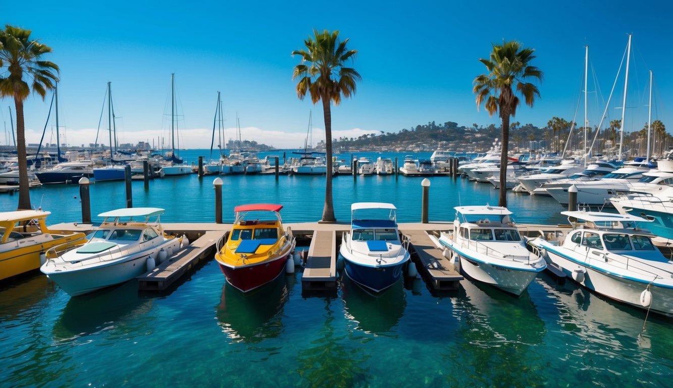 A sunny marina in San Diego, with colorful boats docked and a backdrop of palm trees and clear blue water