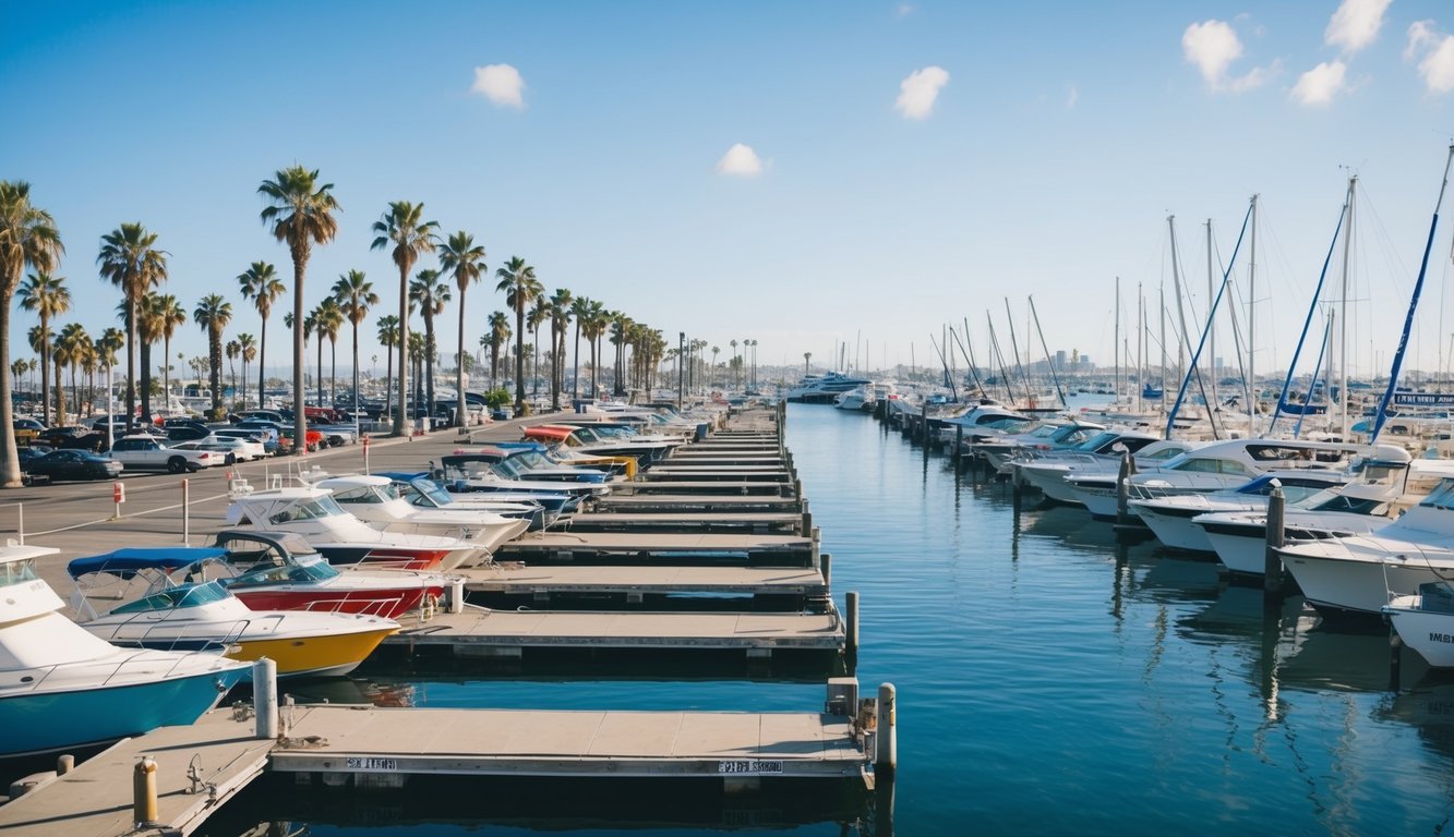 A bustling marina in San Diego, with colorful boats lined up along the dock, surrounded by palm trees and a clear blue sky
