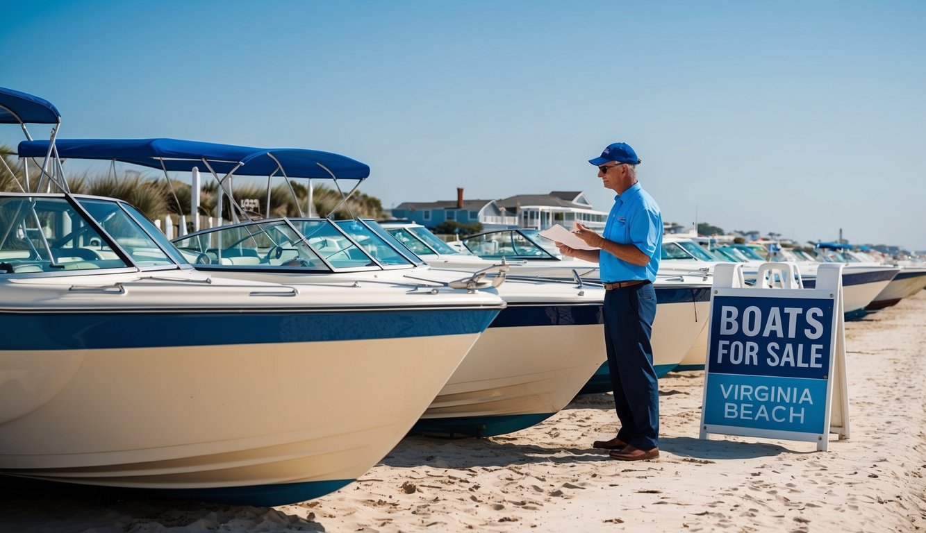 A sunny beach with a row of boats on the shore, a salesperson showing features to a potential buyer, and a sign displaying "Boats for Sale" in Virginia Beach