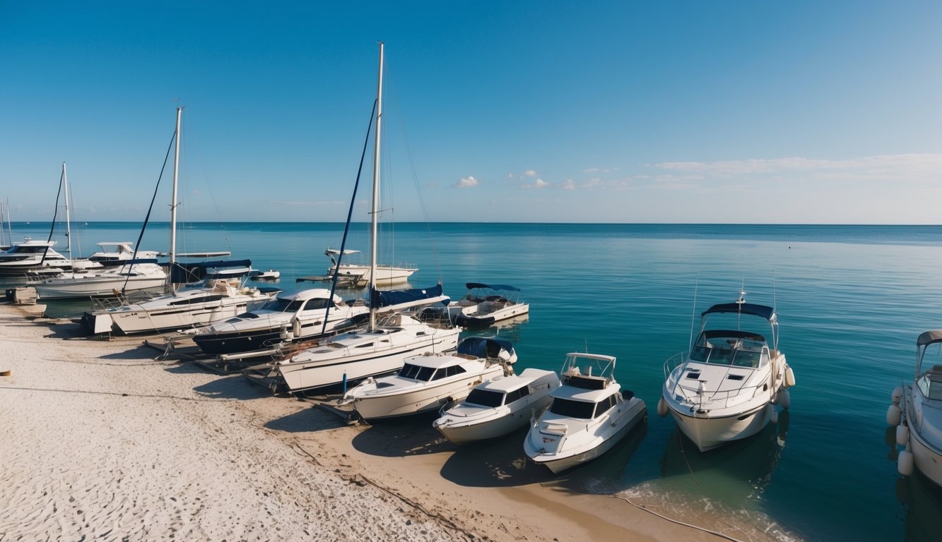 A sunny beach scene with various boats docked along the shore, including sailboats, speedboats, and yachts. A clear blue sky and calm ocean complete the tranquil setting