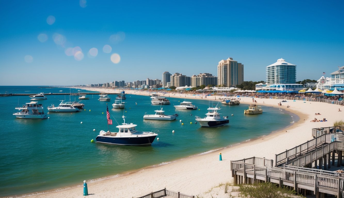 A sunny day at the Virginia Beach oceanfront, with various boats anchored in the clear blue waters, surrounded by sandy beaches and a bustling boardwalk