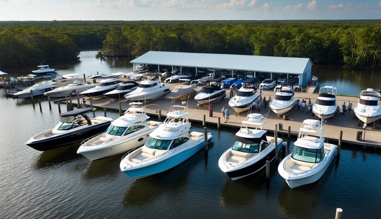 A bustling boat dealership on the shores of a scenic bayou, with sleek vessels on display and customers browsing the selection