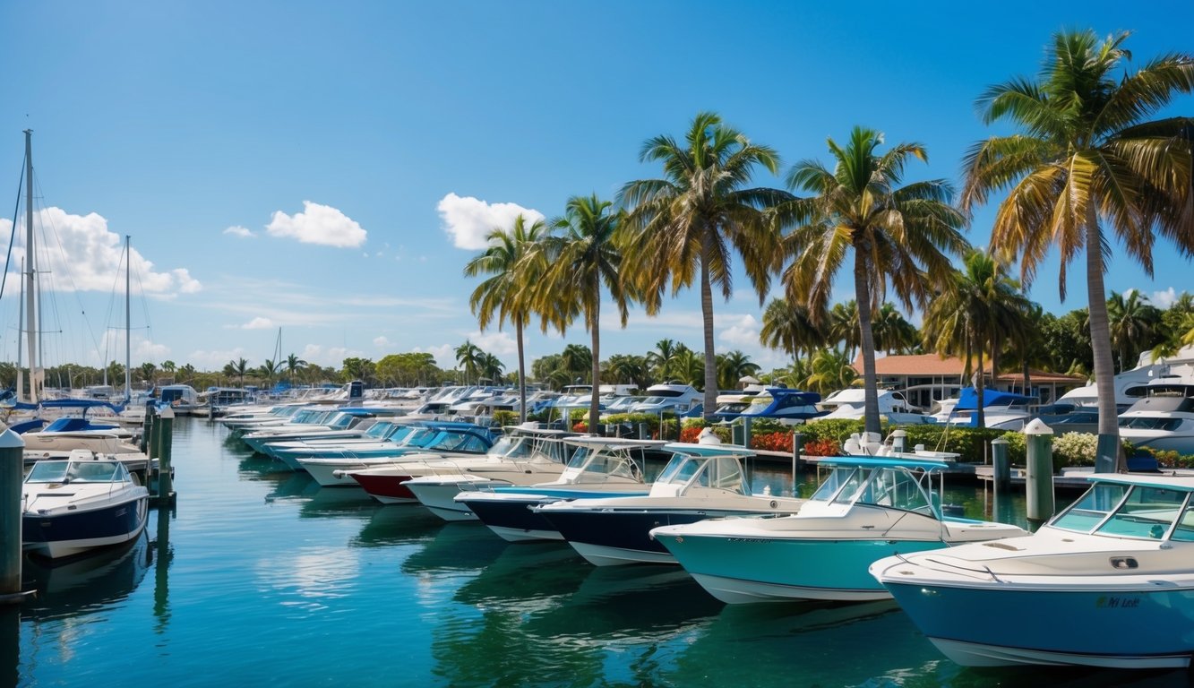 A sunny marina in Fort Myers, FL, with colorful boats lined up for sale, palm trees swaying in the breeze, and clear blue water reflecting the tropical sky