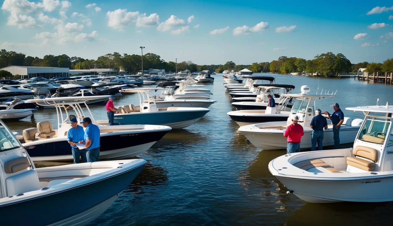 A bustling boat dealership on the Houston Bayou with customers inspecting various boats while staff members assist with paperwork and safety regulations