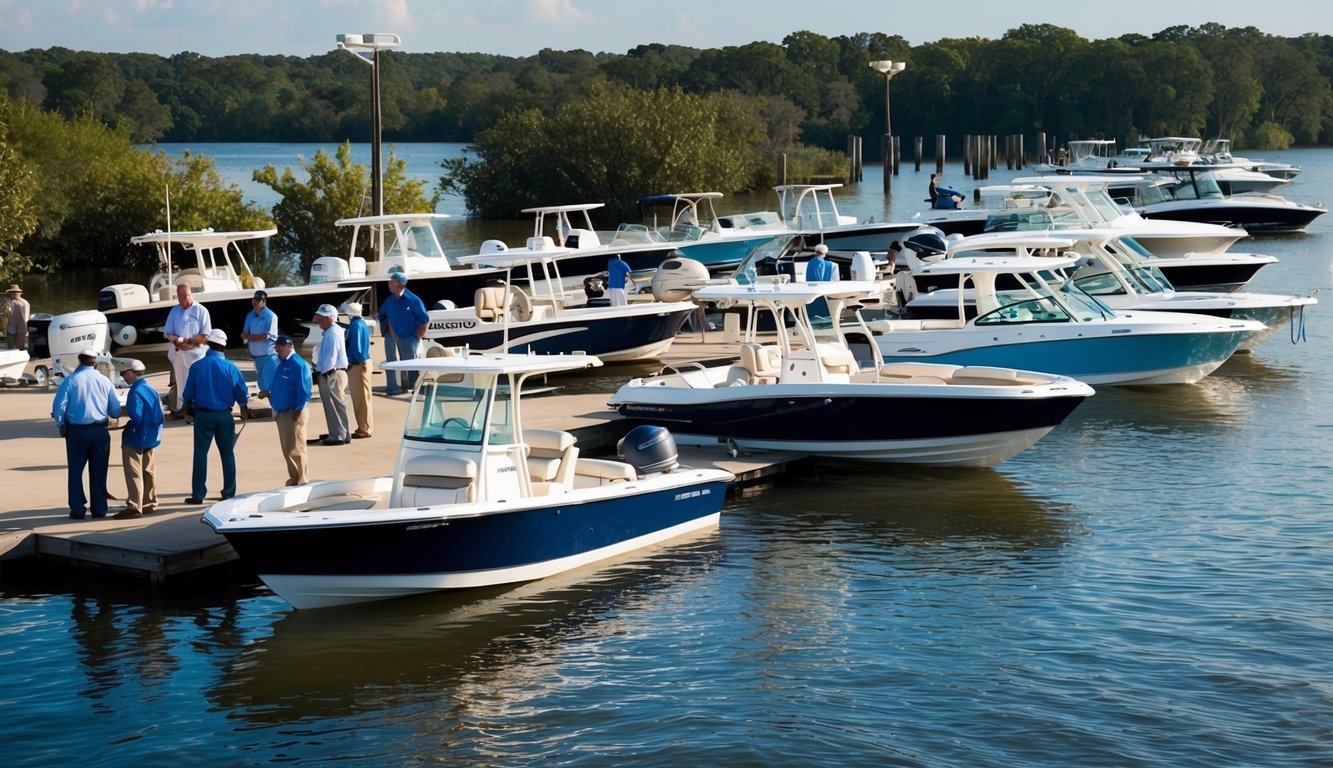 A bustling boat dealership on the shores of a bayou in Houston, with customers browsing various boats and sales staff providing assistance