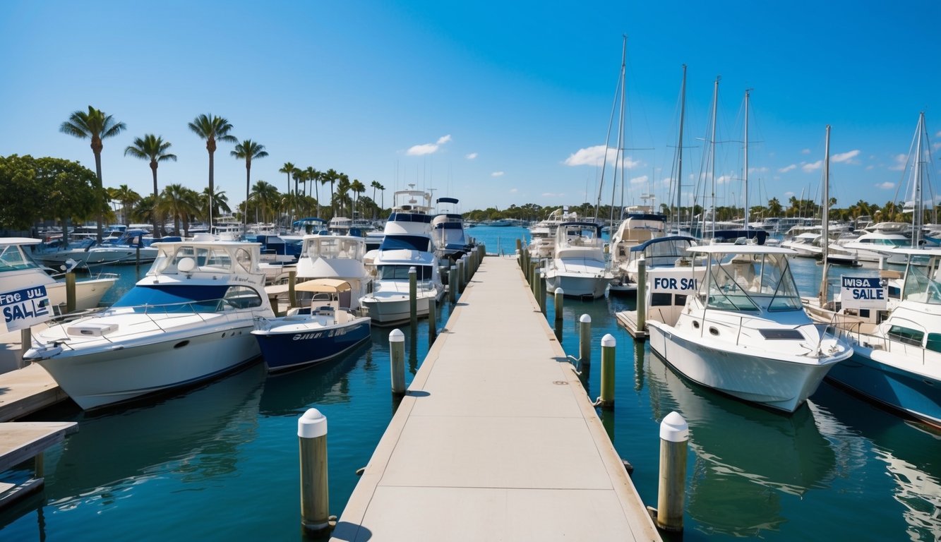 A sunny marina with a variety of boats docked, some with "For Sale" signs. Palm trees and a clear blue sky complete the southern coastal scene