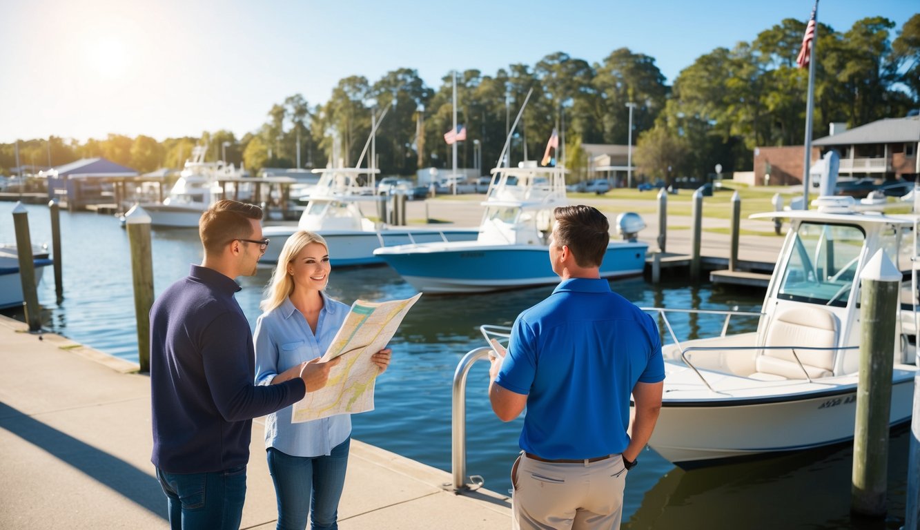 A sunny day on the Mobile, AL waterfront with boats docked, a map in hand, and a couple discussing their purchase options at Southern Boat Deals