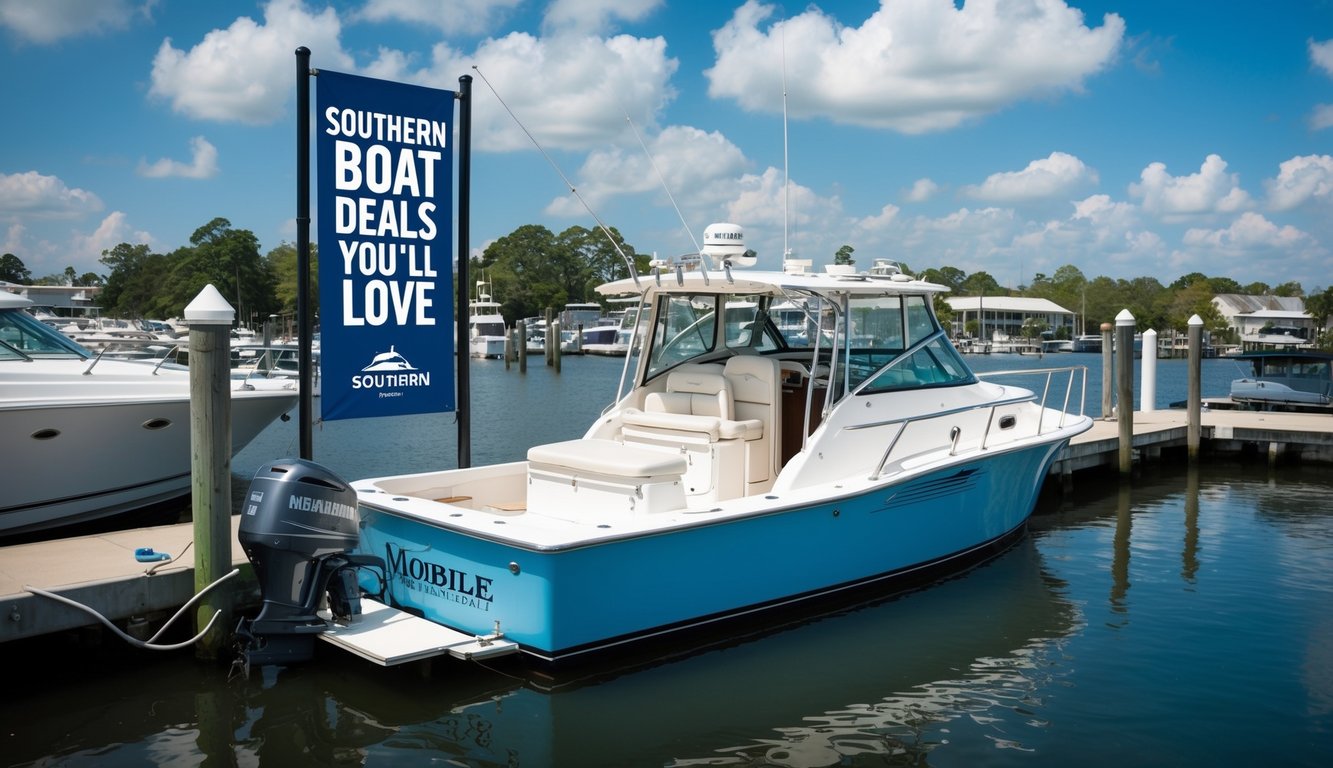 A boat docked at a marina in Mobile, AL with a "Southern Boat Deals You'll Love" banner displayed on the side