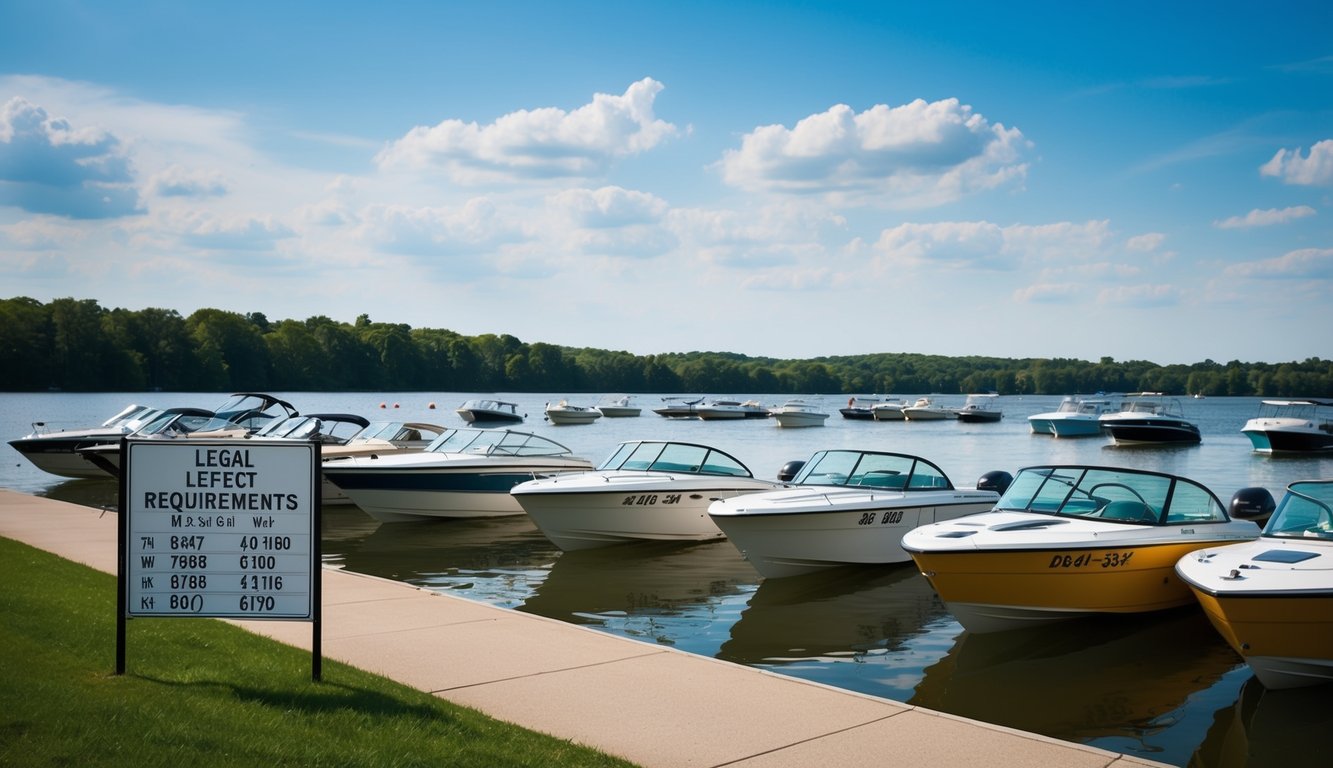 A serene lake with a variety of boats, each displaying clear and visible registration numbers. A sign nearby outlines legal requirements for boating in Madison, WI