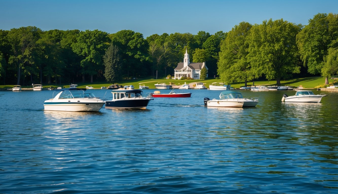 A serene lake in Madison, WI with boats of various sizes and types floating on the water, surrounded by lush green trees and a clear blue sky
