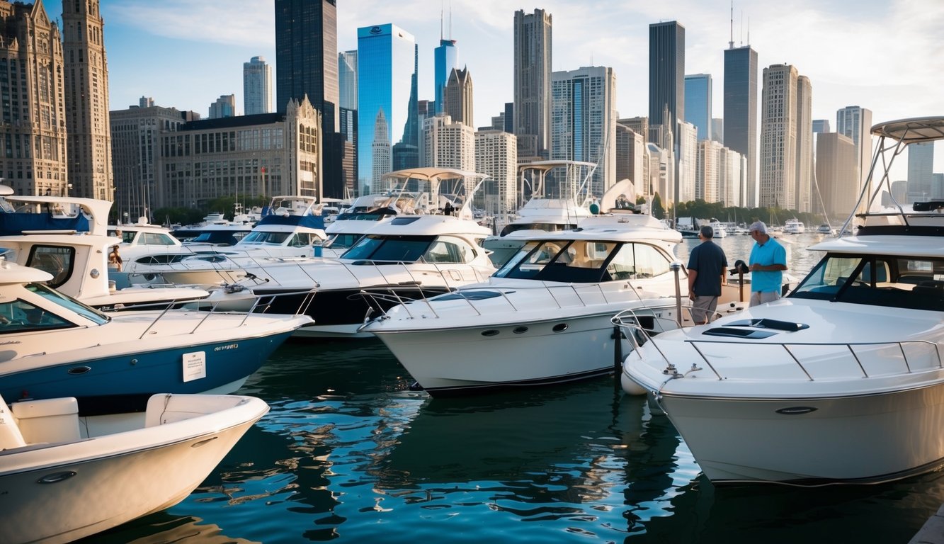A bustling boat marina in Chicago, IL, with multiple boats on display, price tags visible, and potential buyers inspecting the vessels