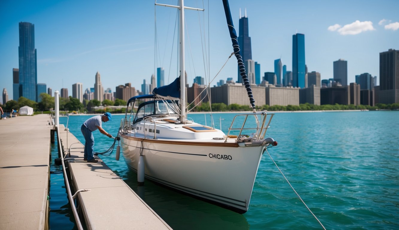 A sailboat being cleaned and polished on a sunny Chicago dock, with the city skyline in the background