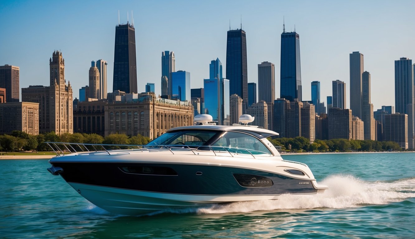 A sleek boat glides through the Chicago skyline, showcasing its features to potential buyers. The city's iconic architecture serves as a backdrop, highlighting the appeal of owning a boat in the urban landscape