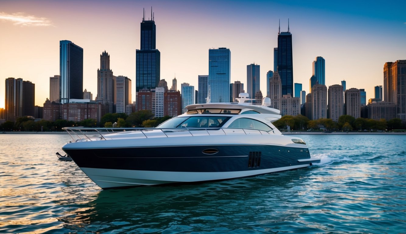 A boat broker in Chicago, IL showcases a sleek, modern boat against the city skyline, with the sun setting behind the buildings