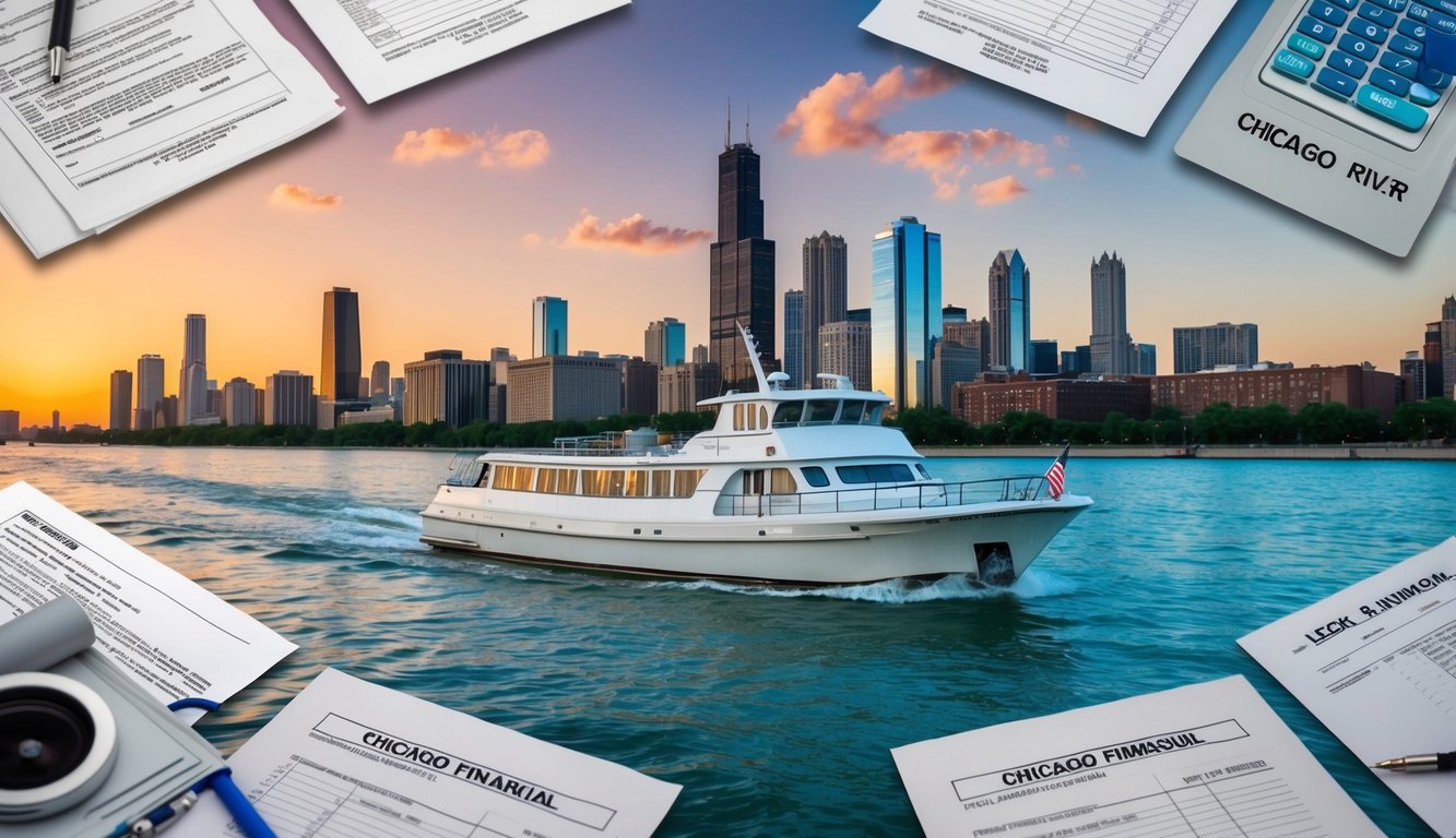A boat sailing on the Chicago River with the city skyline in the background, surrounded by legal and financial documents