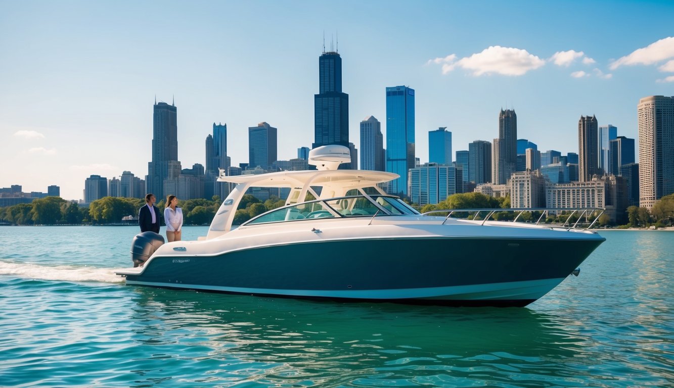 A boat being showcased on a pristine lake in Chicago, with the city skyline in the background and potential buyers admiring the vessel