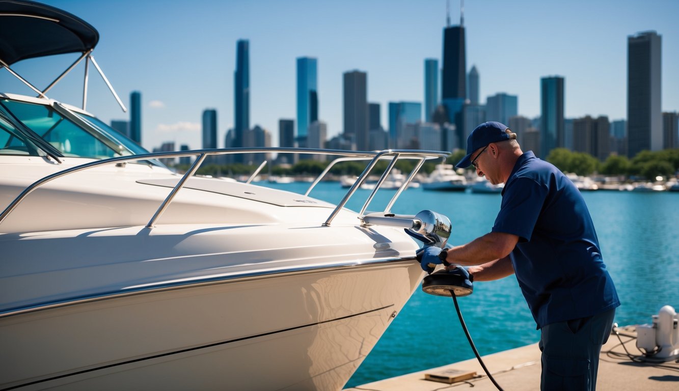 A boat being polished and detailed by a professional in a bustling marina on a sunny day, with the Chicago skyline in the background