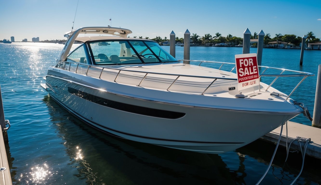 A sleek boat sits docked in the sparkling waters of Fort Lauderdale, with a "For Sale" sign displayed prominently on the side. The sun shines down on the vessel, highlighting its pristine condition and enticing potential buyers
