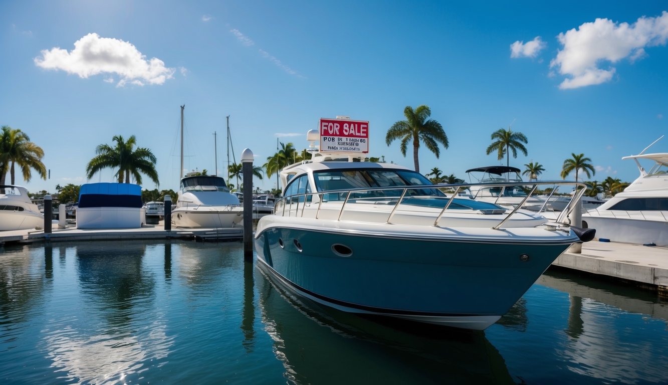 A sunny day at the marina in Fort Lauderdale, FL. A sleek boat with a "For Sale" sign displayed prominently on the bow. Blue skies and palm trees in the background