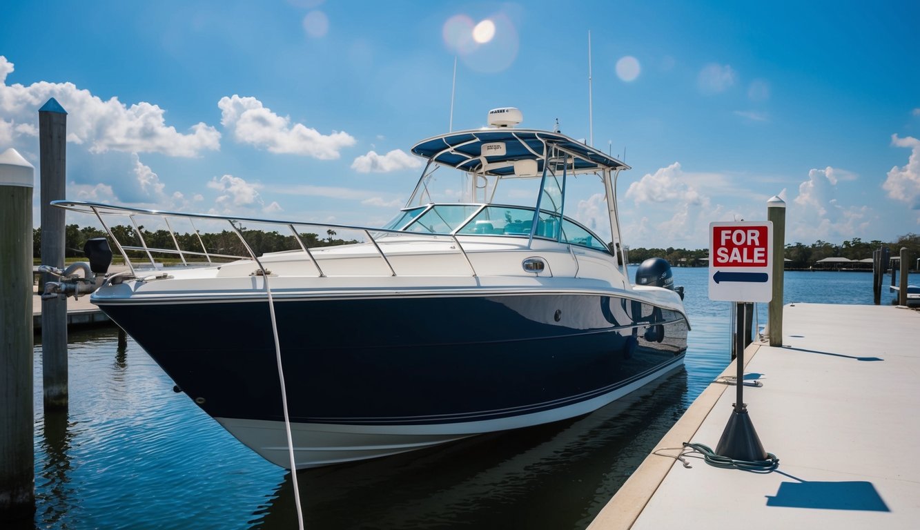 A boat being cleaned and polished on a sunny dock in Jacksonville, FL, with a "For Sale" sign displayed prominently