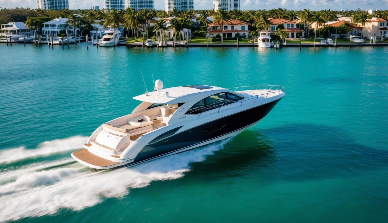 A sleek boat glides through the turquoise waters of Fort Lauderdale, surrounded by a backdrop of palm trees and luxury waterfront homes