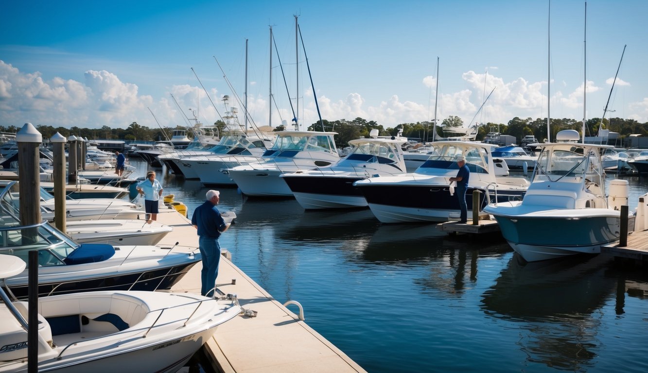 A sunny marina in Jacksonville, FL, with boats of various sizes and styles lined up along the docks. A few people are seen discussing prices and inspecting the boats