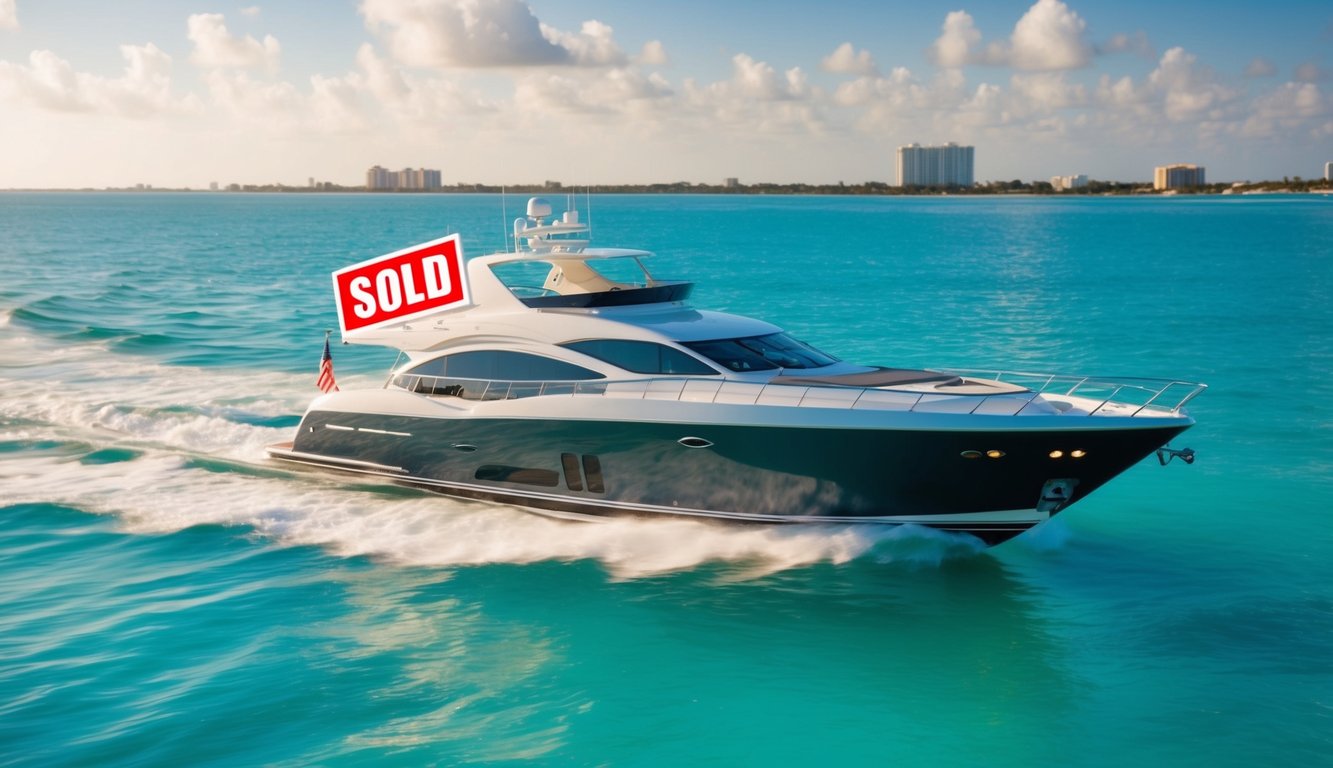 A luxury yacht sailing through the turquoise waters of Fort Lauderdale, FL, with a sold sign displayed prominently on the bow