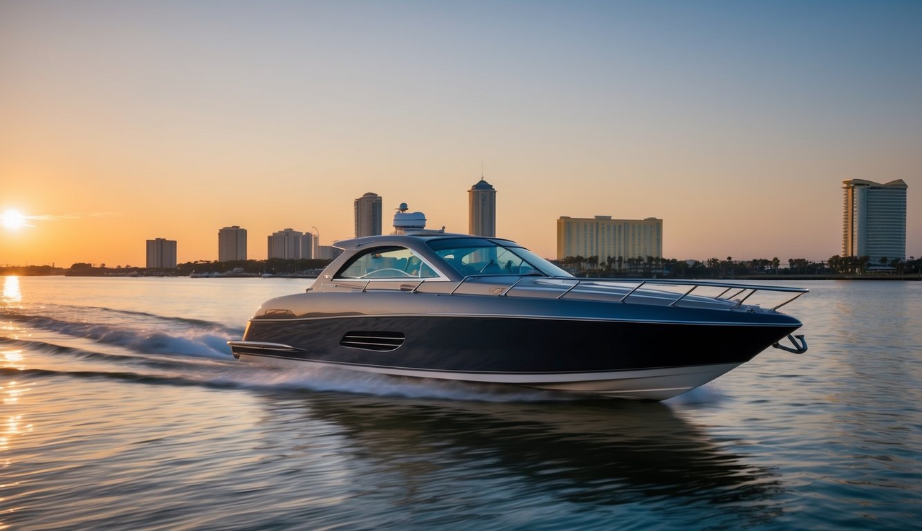 A sleek boat glides through the calm waters of Jacksonville, FL, with the city skyline in the background. The sun sets, casting a warm glow on the boat's polished exterior