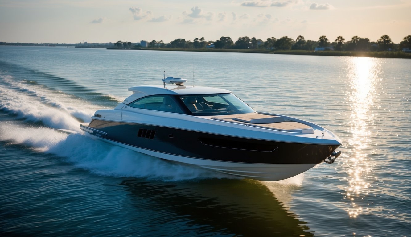 A sleek, modern boat glides across the sparkling waters of Jacksonville, FL. The sun reflects off its polished exterior, showcasing its value to potential buyers