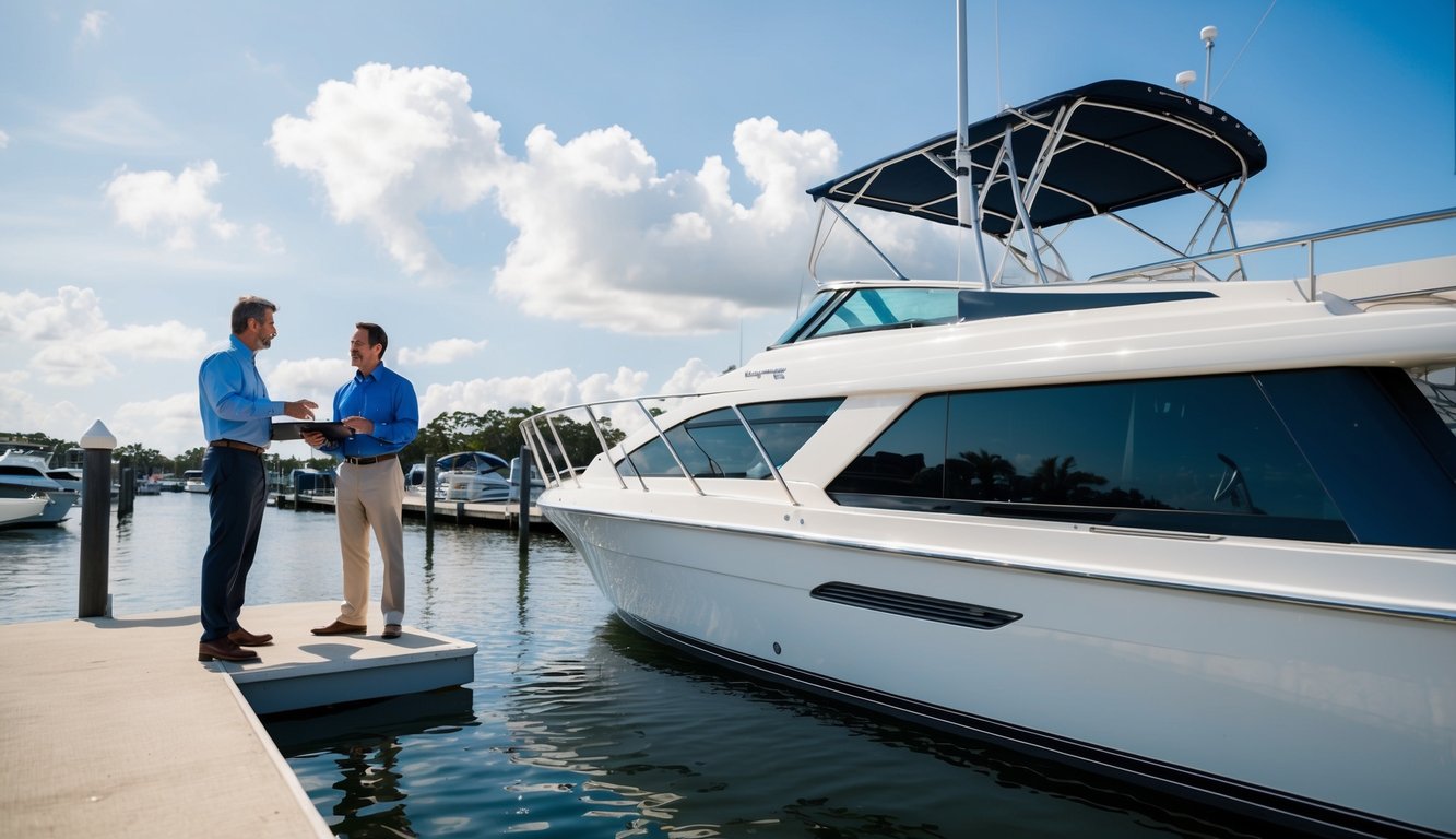 A boat sales transaction taking place at a marina in Jacksonville, FL. A seller and buyer discussing the details while standing near a sleek, white boat on the dock
