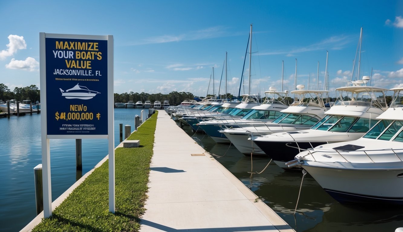 A sunny marina in Jacksonville, FL, with boats lined up for sale. A sign displays "Maximize Your Boat's Value" with tax and regulatory information