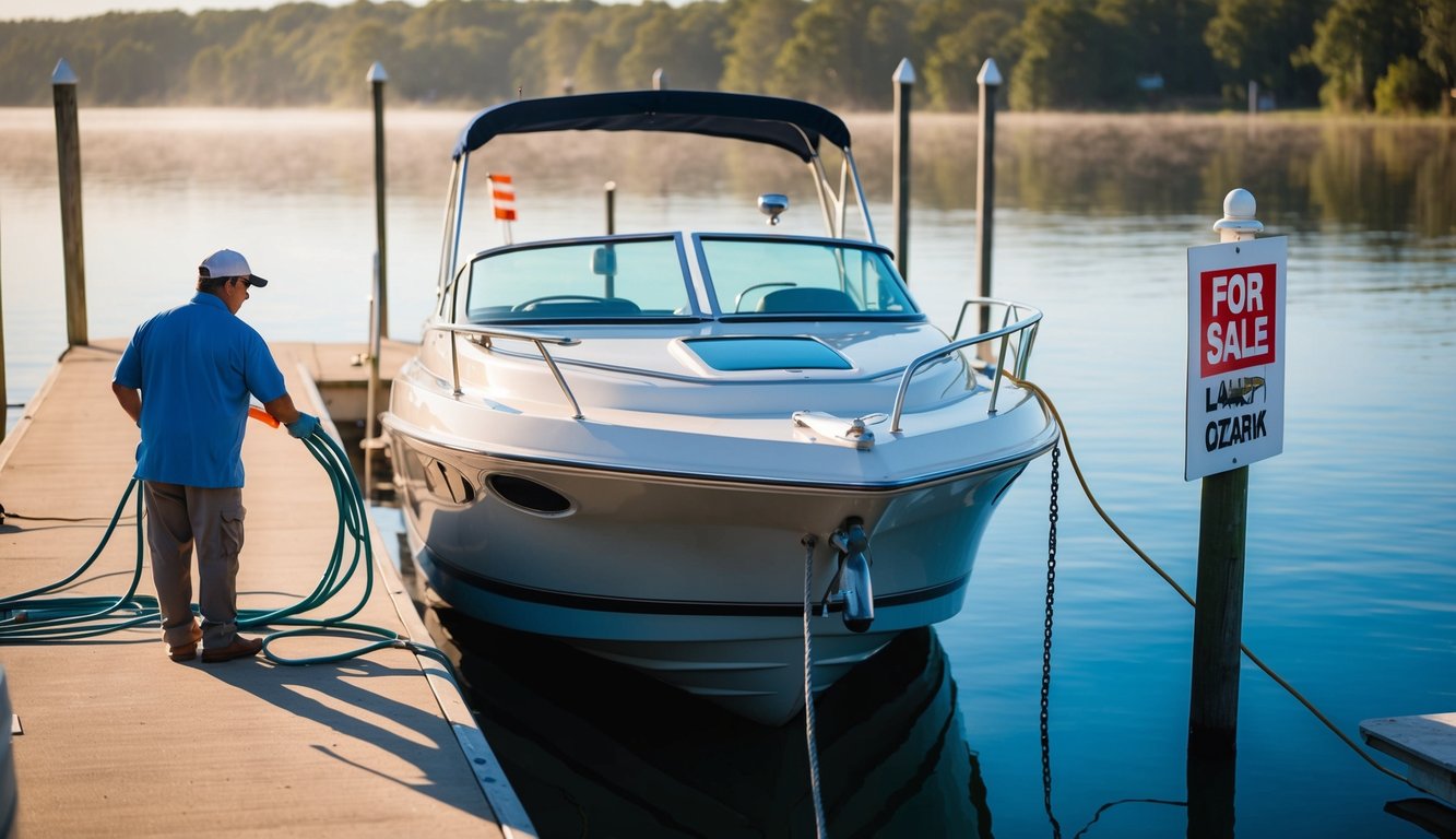 A boat being cleaned and polished on a sunny dock at Lake Ozark, with a "For Sale" sign displayed prominently