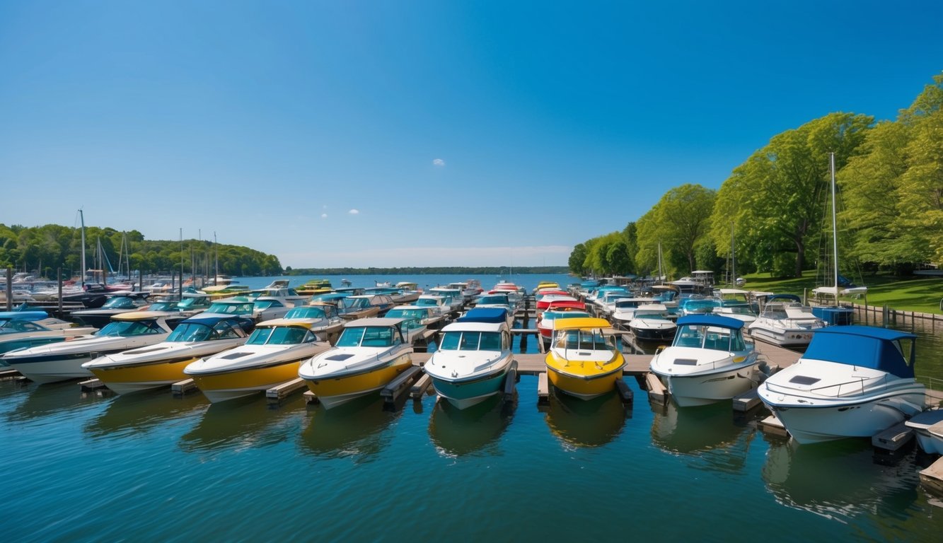 A sunny lakeside marina with colorful boats lined up for sale, surrounded by lush green trees and a clear blue sky