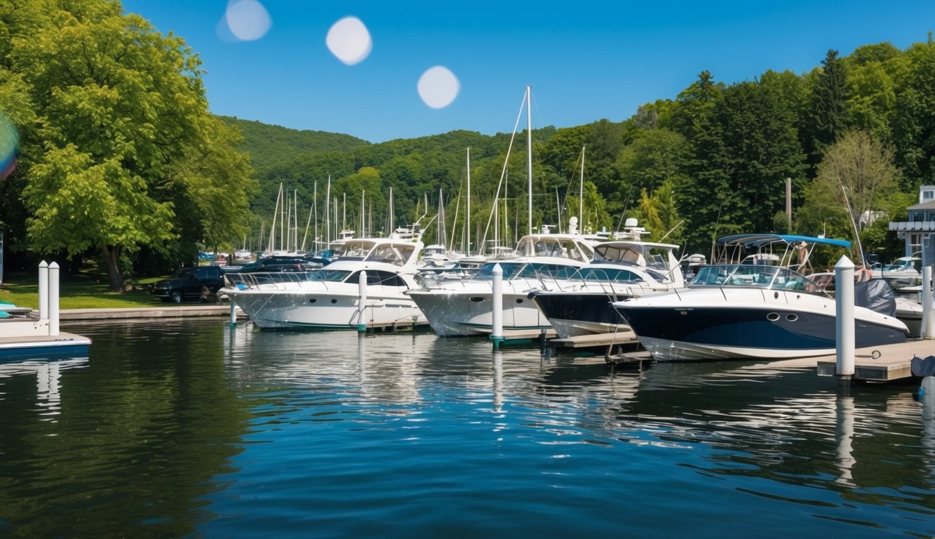 A sunny lakeside marina with boats for sale, surrounded by lush green trees and a clear blue sky