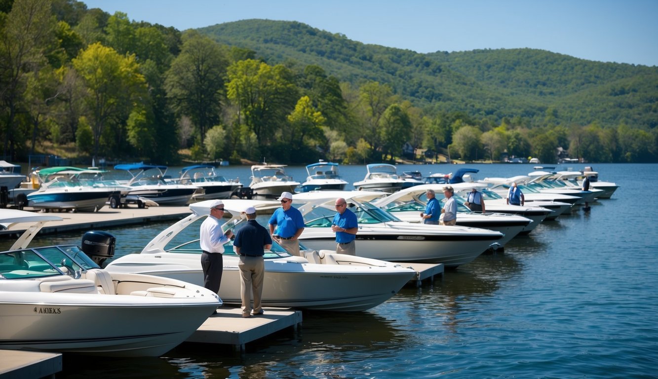 A sunny day on Lake Ozark, boats lined up on the dock, potential buyers chatting with sales staff, a picturesque backdrop of the lake and surrounding hills