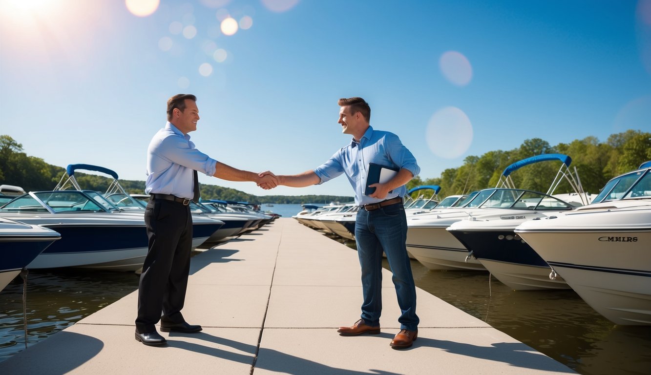 A sunny day at Lake Ozark, boats lined up along the shore, a salesperson shaking hands with a customer, a sense of excitement and satisfaction in the air
