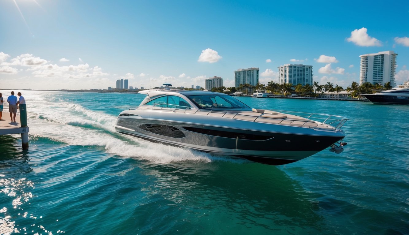 A sleek boat glides through the crystal-clear waters of Miami, FL. The sun shines brightly on the sparkling waves as potential buyers admire the vessel from the dock