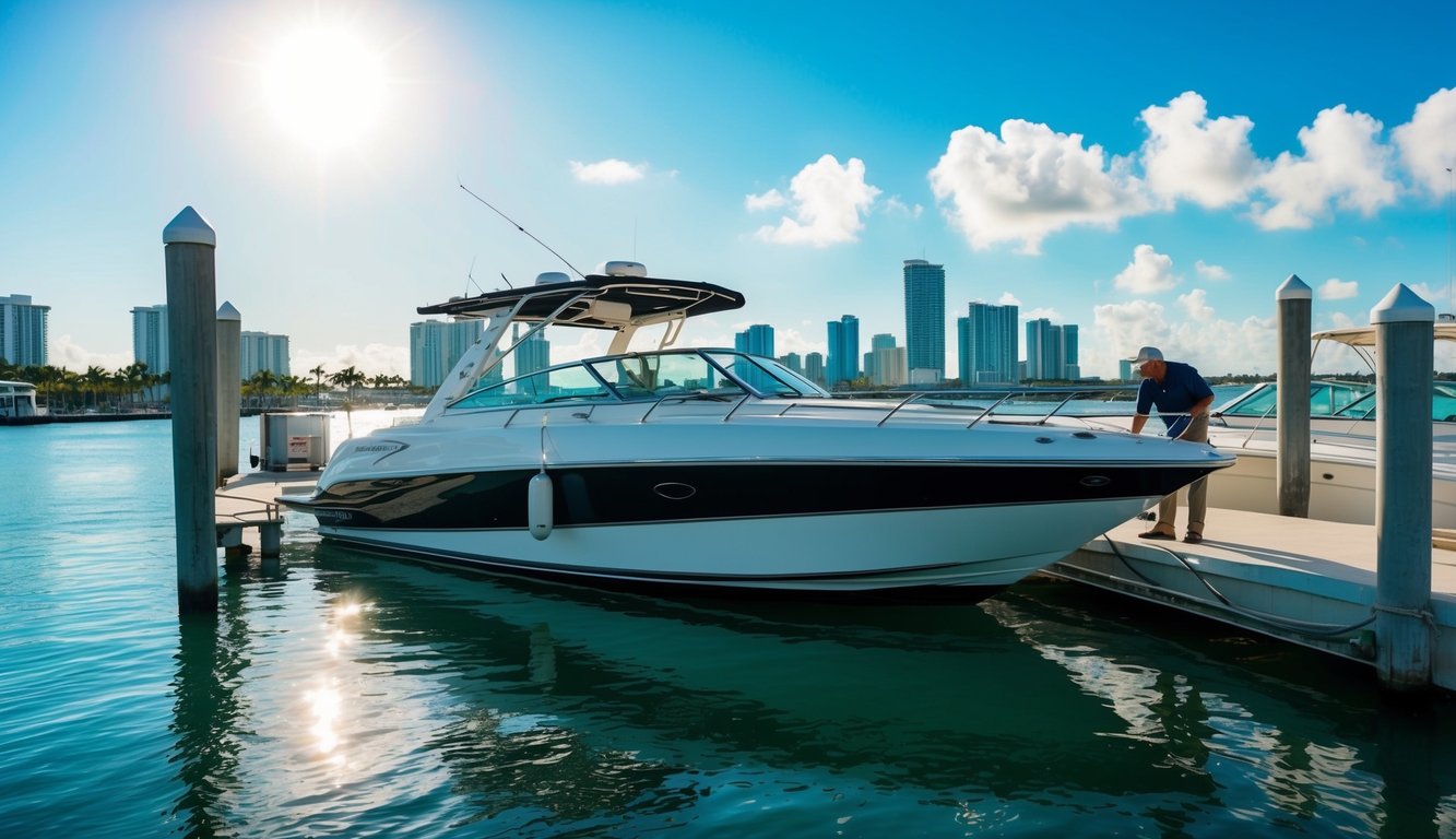 A sleek boat sits docked in a vibrant Miami marina, with the city skyline in the background. The sun reflects off the water as a seller prepares the boat for sale