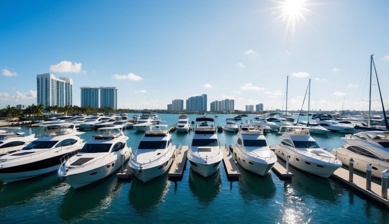 A bright, sunny marina in Miami, FL filled with sleek boats of all sizes, glinting in the water as potential buyers stroll along the docks