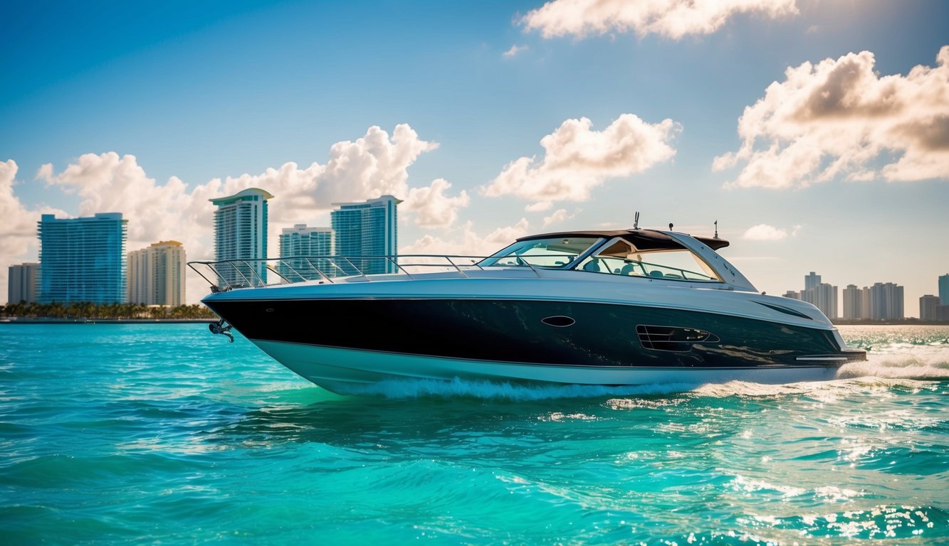 A sleek boat glides through the turquoise waters of Miami, with the city's skyline in the background. The sun shines overhead, casting a warm glow on the boat's polished exterior