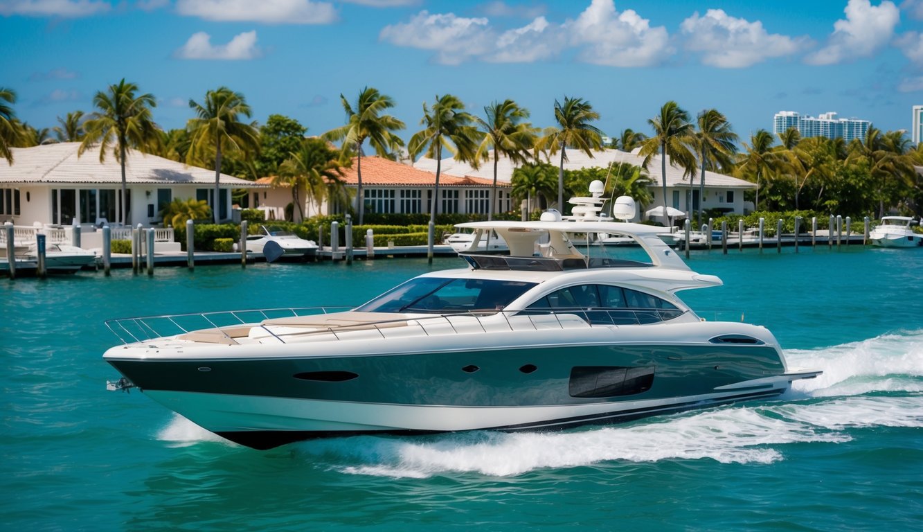 A sleek boat glides through the turquoise waters of Miami, FL, surrounded by palm trees and luxury waterfront properties. A legal and financial transaction takes place on the dock