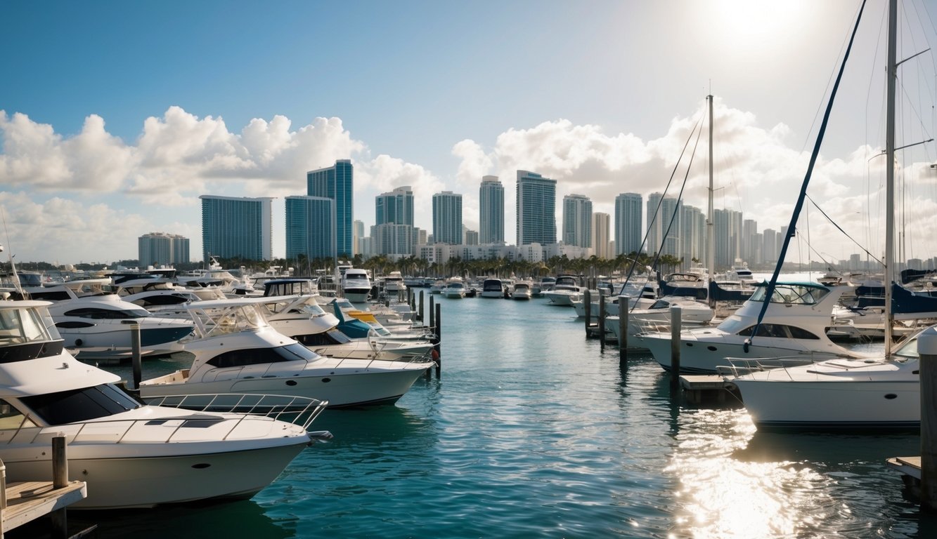 A sunny marina bustling with activity as boats are sold and exchanged, with Miami's skyline in the background