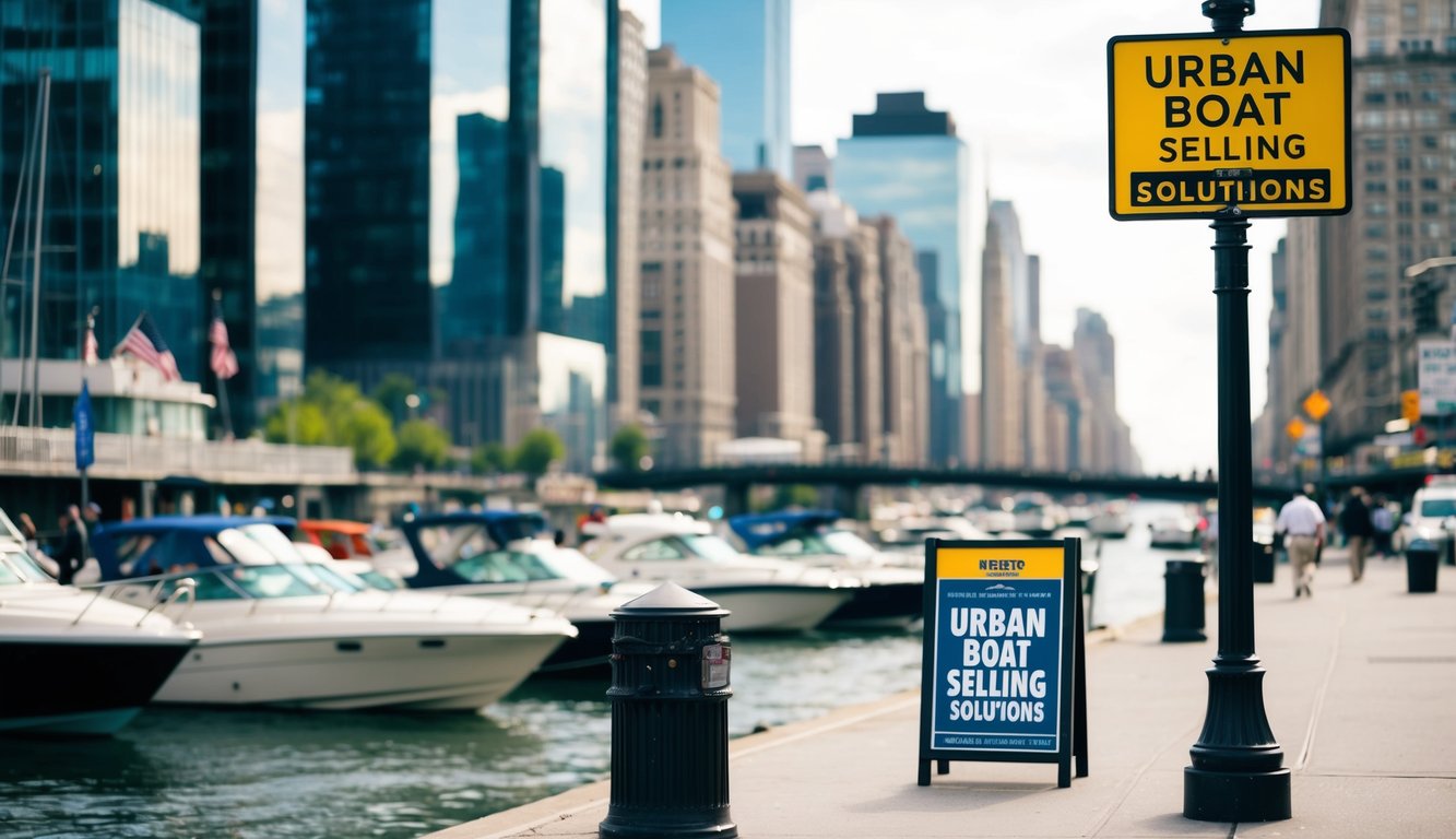 A bustling New York City street with a waterfront backdrop, featuring a variety of boats for sale and a prominent sign for "Urban Boat Selling Solutions"