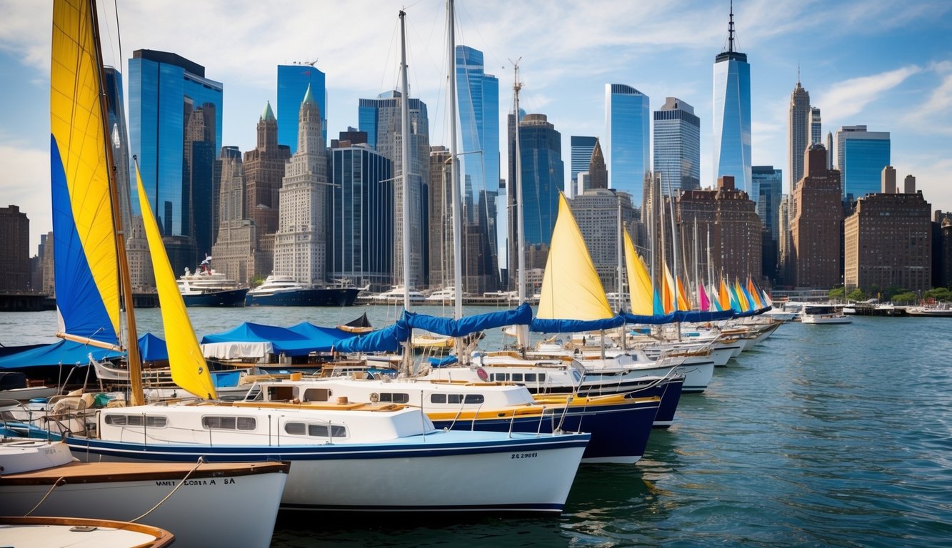A bustling New York City waterfront with boats lined up for sale, a colorful array of sails and hulls against the urban skyline