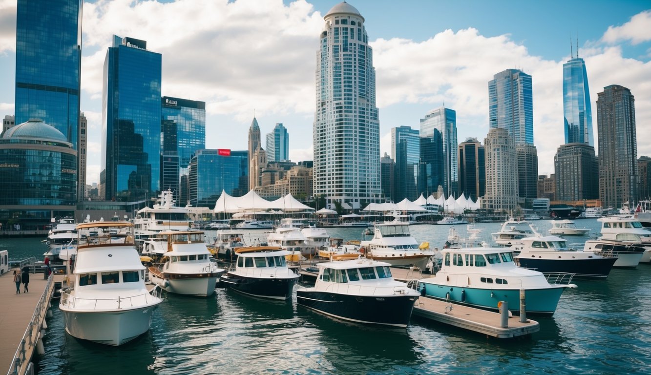 A bustling urban waterfront with boats of various sizes and styles on display, surrounded by skyscrapers and city life
