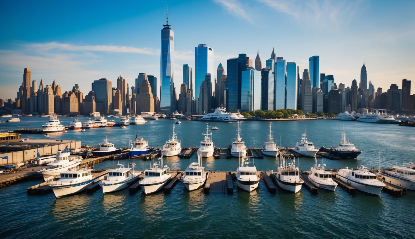 A bustling New York City harbor with a variety of boats docked, surrounded by skyscrapers and a busy urban landscape