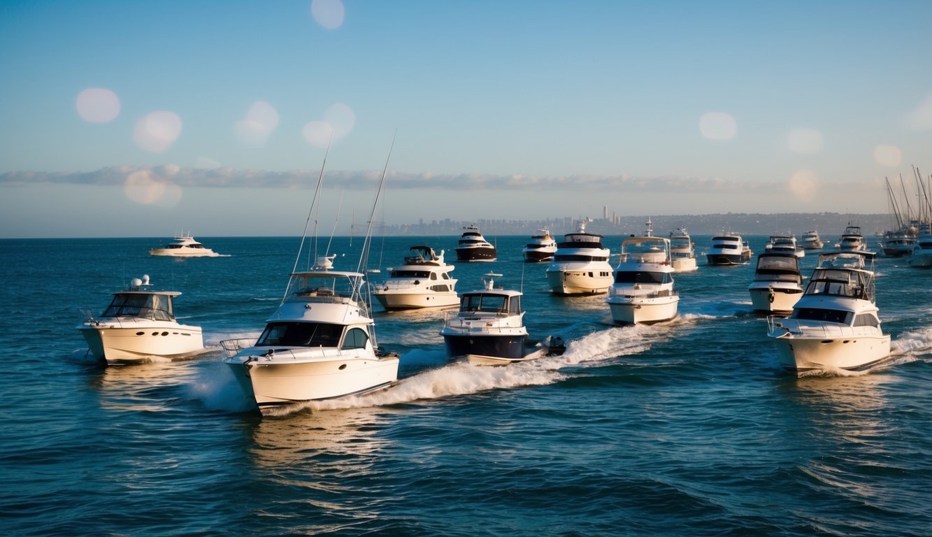A variety of boats, including speedboats, yachts, and fishing boats, navigating the coastal waters of Los Angeles