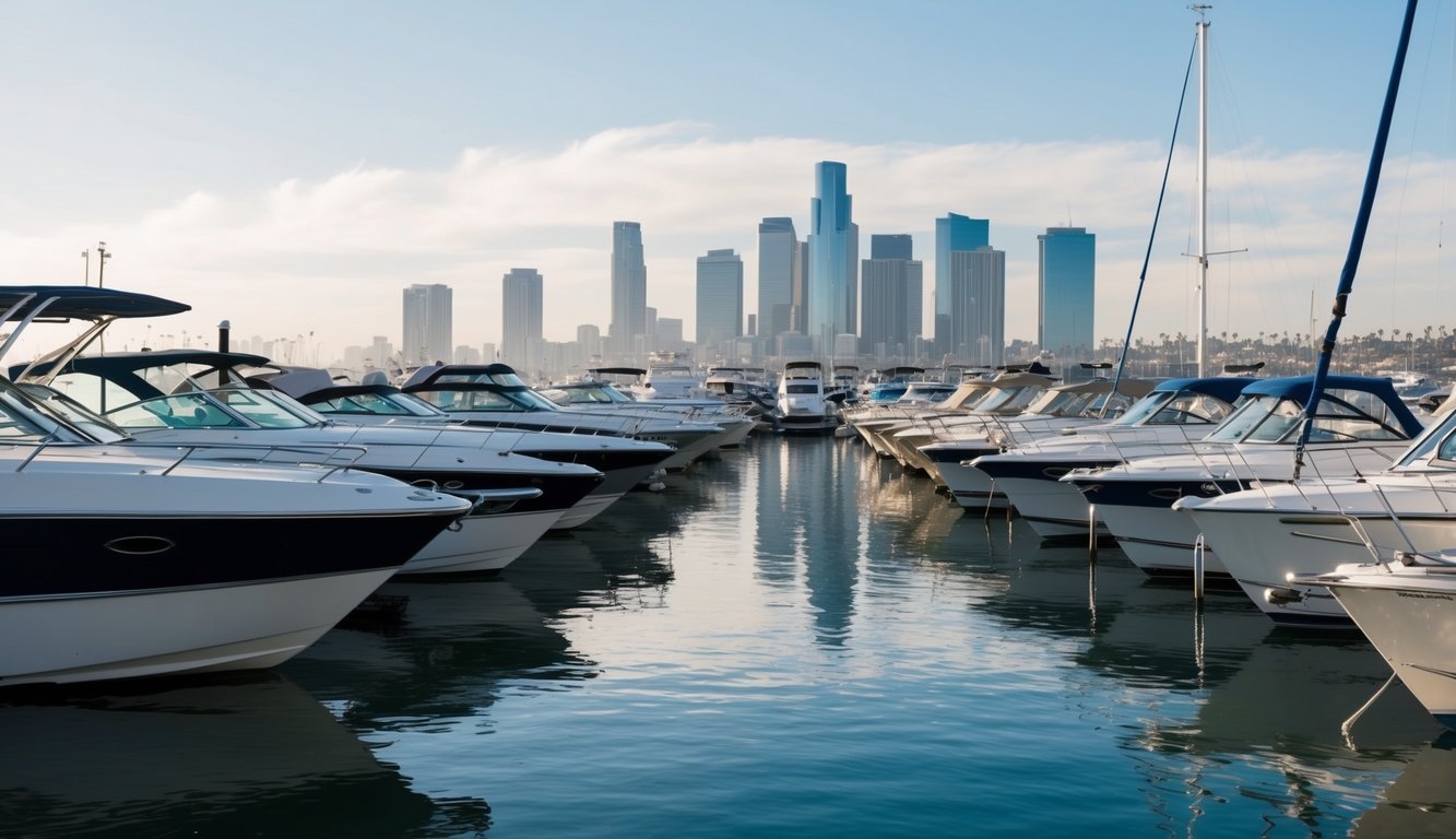 A sunny marina with a variety of boats for sale lined up along the dock, with the Los Angeles skyline in the background