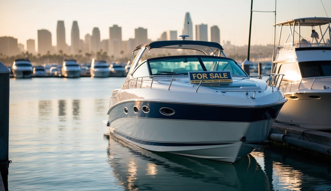 A sleek boat sits in a marina, freshly cleaned and polished, with a "For Sale" sign displayed prominently on the bow. The San Diego skyline glimmers in the background
