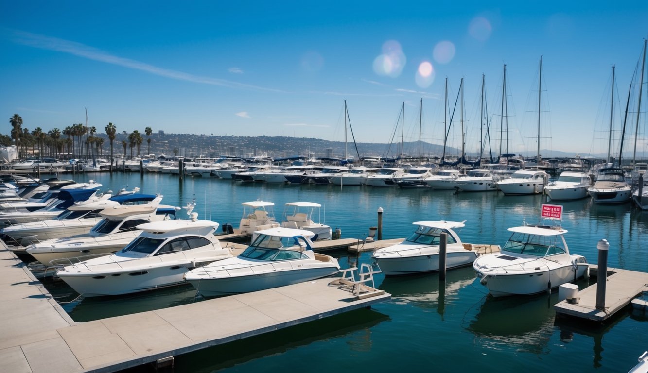 A sunny day at a bustling marina in San Diego, with a variety of boats for sale, and a banner advertising seamless boat selling services